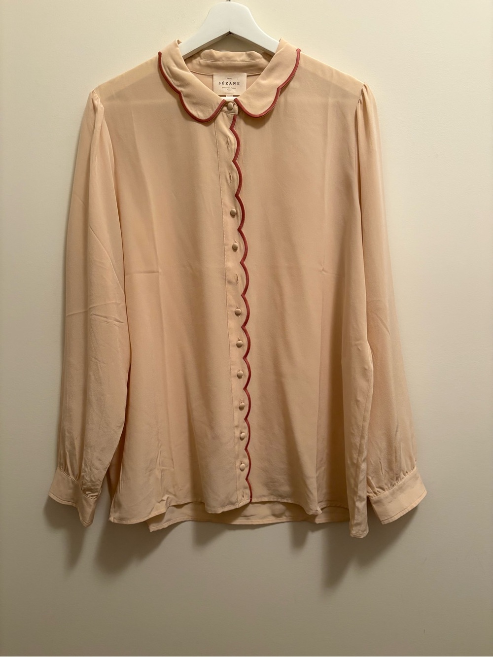 Sézane Light pink Silk Scalope-Trim Long Sleeve Blouse